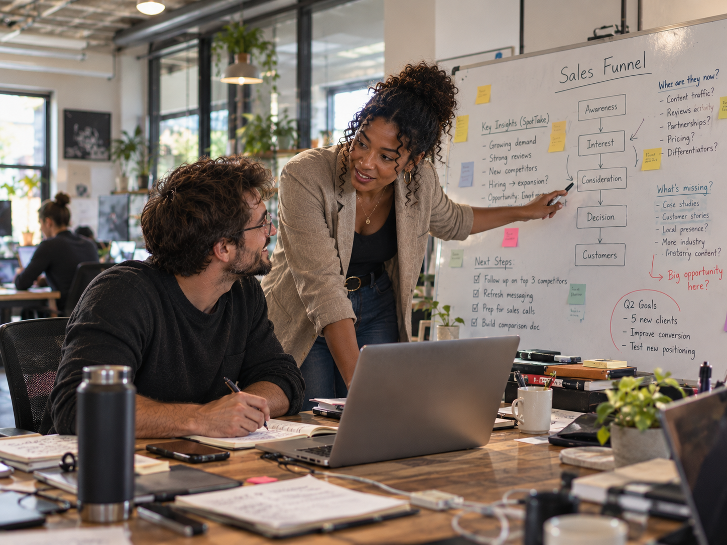 Startup founders reviewing sales insights